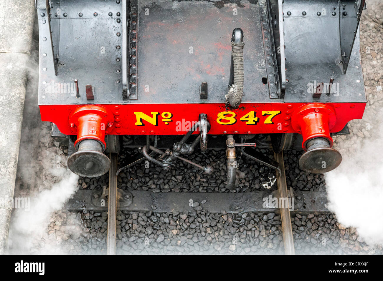 Stoßbalken ein Dampf Zug auf der Bluebell Railway, am Bahnhof Uckfield, West Sussex, England, Vereinigtes Königreich. Stockfoto