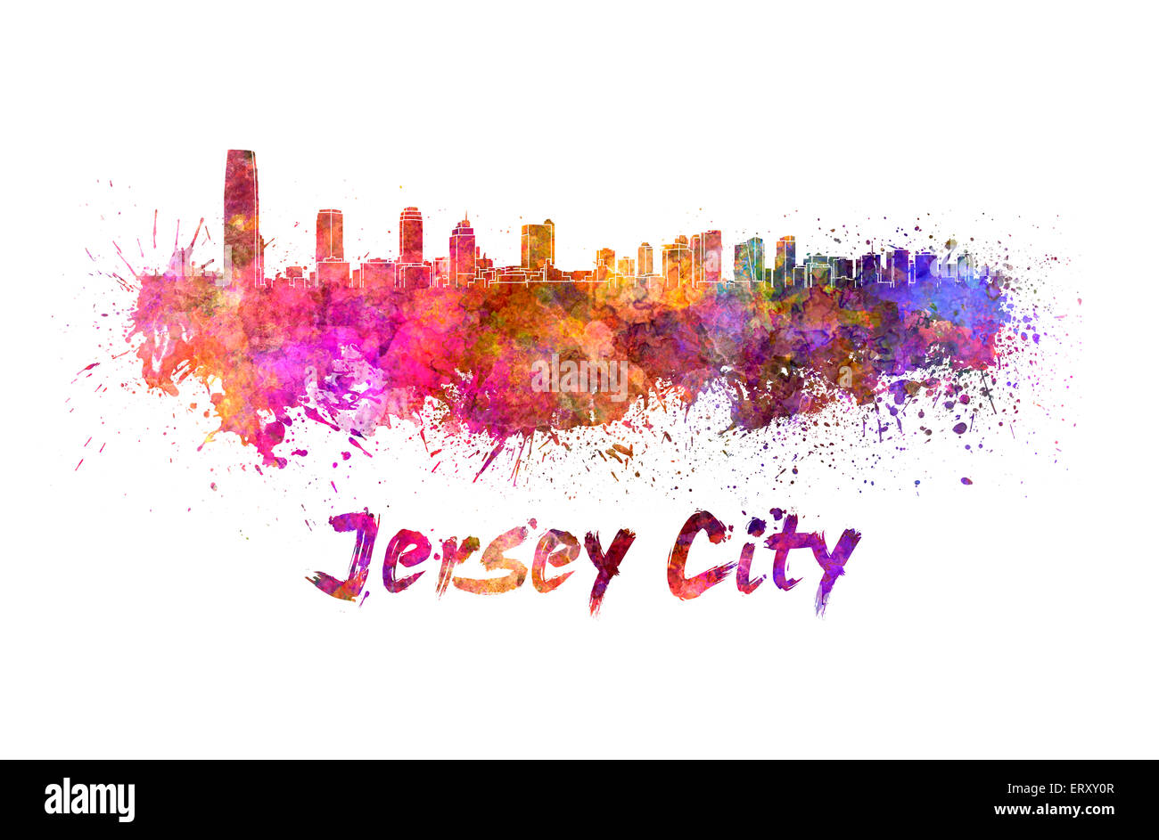 Jersey City Skyline in Aquarell Spritzer mit Beschneidungspfad Stockfoto