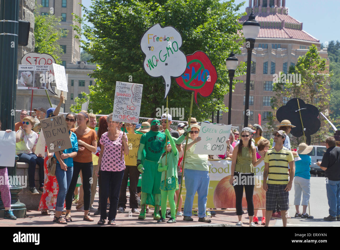 Amerikanischen Aktivisten halten Schilder und protestieren, Monsanto und gentechnisch veränderte Nahrungsmittel (GVO) in der Innenstadt von Asheville, NC Stockfoto
