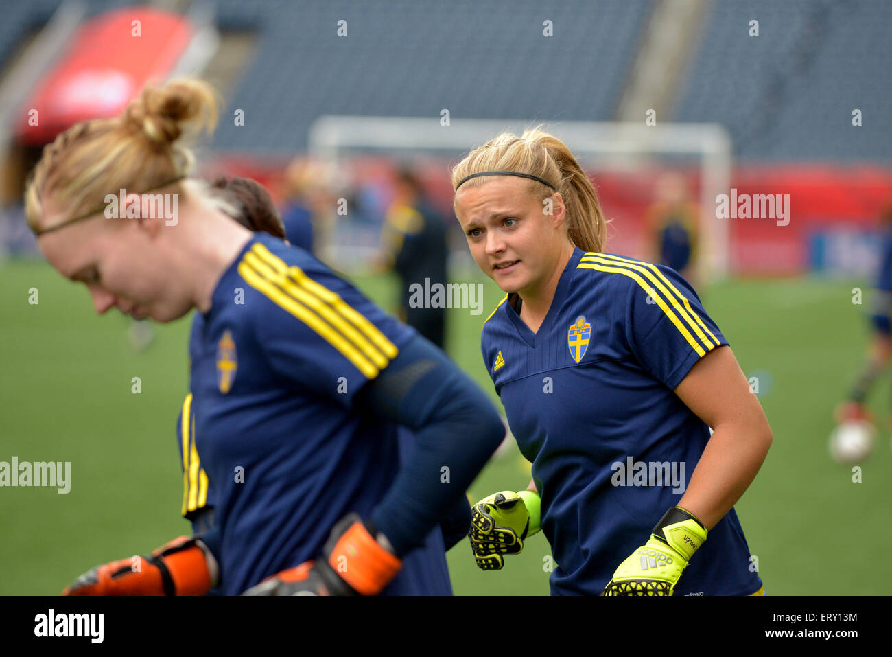 Schweden-WNT ausgebildet in Vorbereitung auf ihre Eröffnung Gruppe Spiel der FIFA Frauen WM in Winnipeg Stadion Stockfoto
