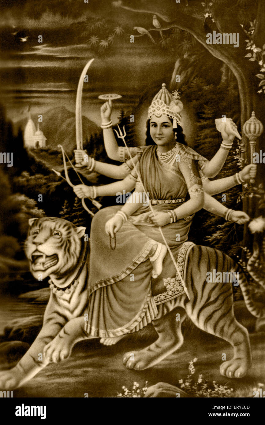 Göttin Amba sitzt auf Tiger Ambika, Durga Parvati Bhagavathi Parvati Bhavani AMBE Maa Sherawaali Mata Raani Indien indische Kunst Asiatische Göttin Stockfoto