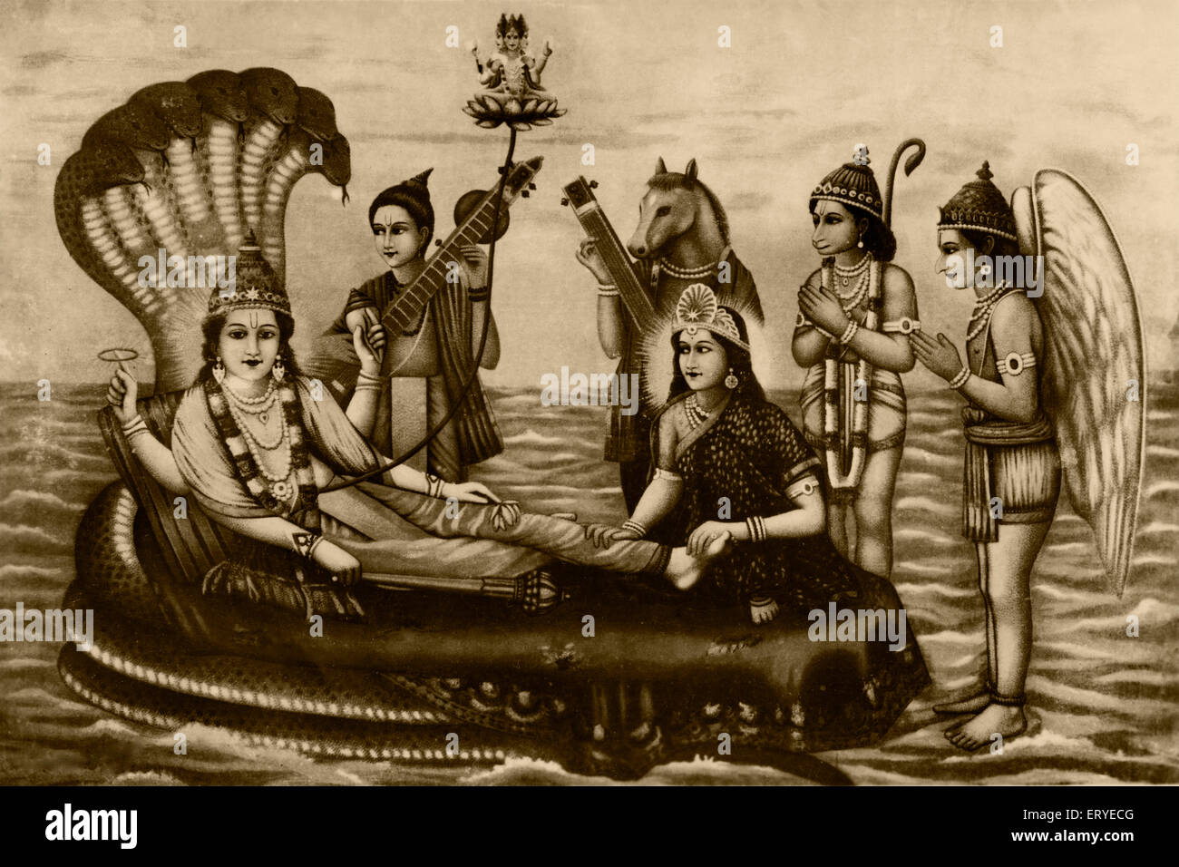 Herr Vishnu liegt auf riesigen sieben Kopf Schlange Sheshanaga und Göttin Lakshmi drückt seine Füße, Indien, Asien, alte vintage 1800s Bild Stockfoto
