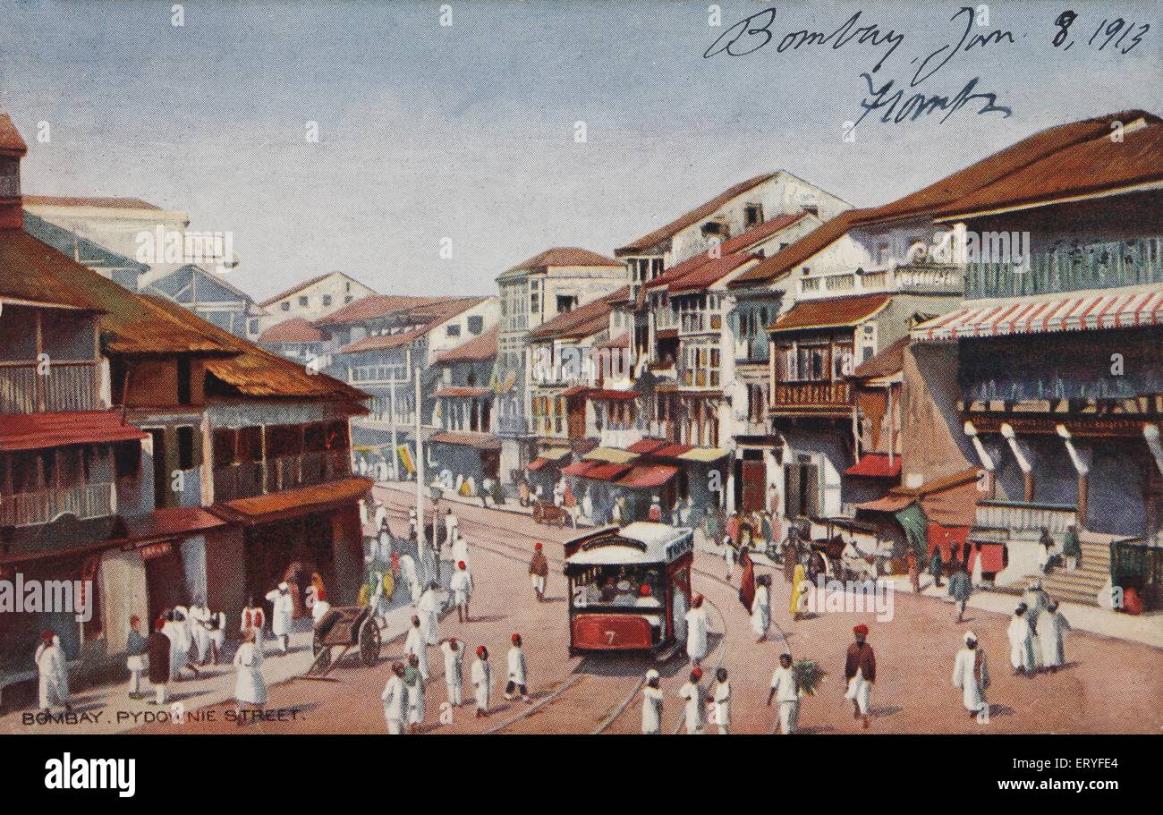 Pydhonie Straße mit Straßenbahn Bombay Mumbai Maharashtra Indien Asien alt Vintage handbemaltes 1900s Bild Stockfoto