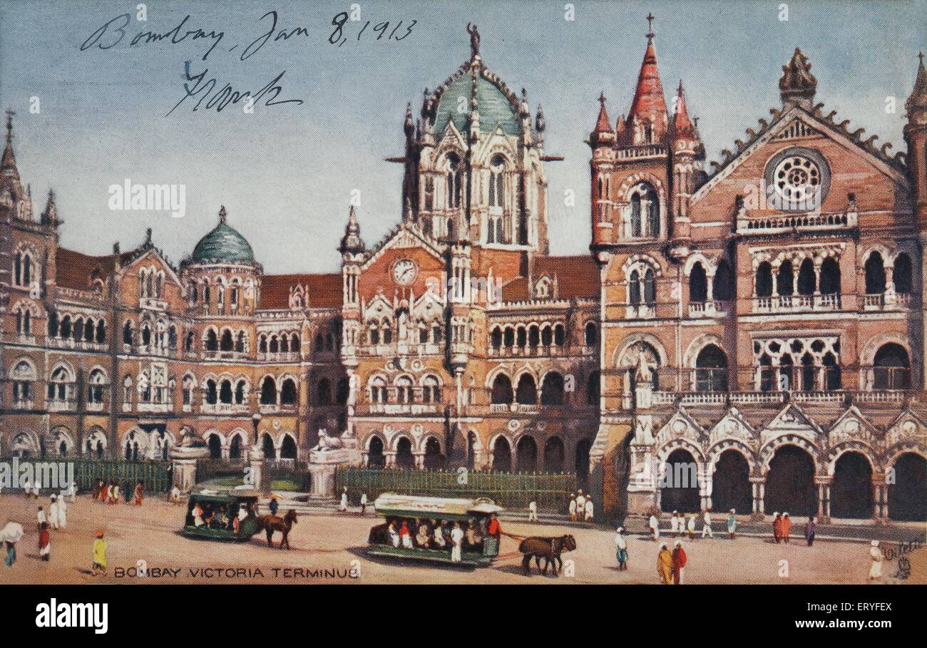 Victoria Terminus VT Bahnhof jetzt CST Chhatrapati Shivaji Maharaj Terminus Bombay Mumbai Maharashtra Indien Asien alter Jahrgang 1900s Hand Lackiert Stockfoto