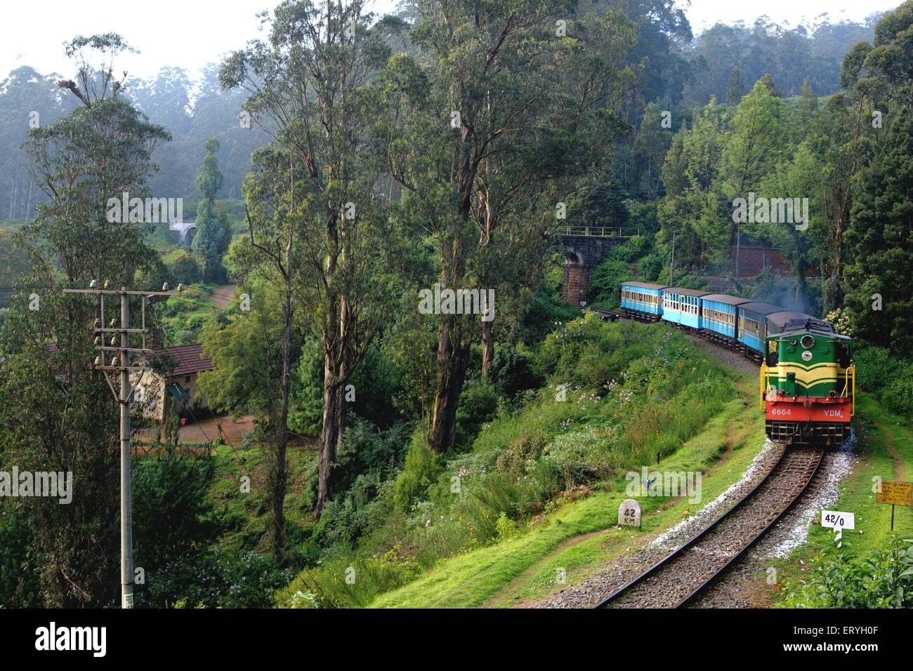 Nilgiri Mountain Railway oder Toy Train von Mettupalayam nach Ooty über Coonoor Tamil Nadu Indien Spielzeugzug Stockfoto