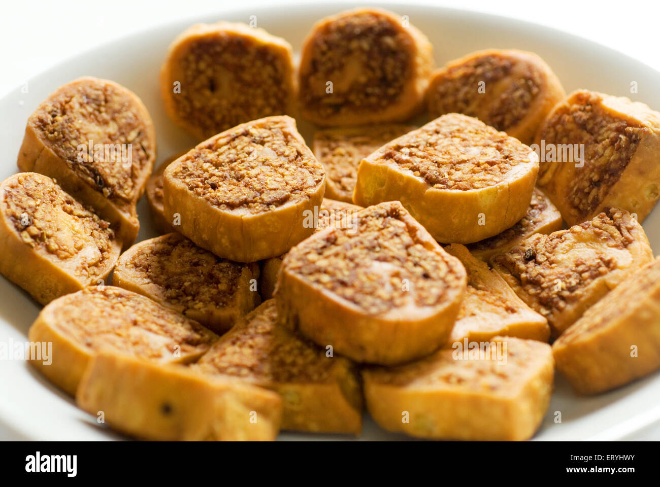 Bakarwadi, bhakarwadi, bhakarvadi, bakhardadi, süß und würzig Snack, Indien, Asien Stockfoto