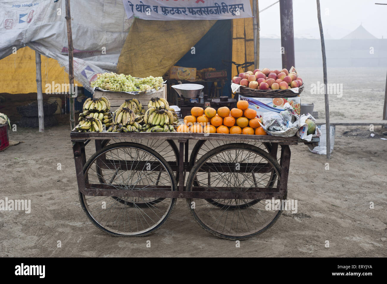 Obst-Shop auf Wagen in Kumbha Mela in Allahabad Uttar Pradesh, Indien Stockfoto