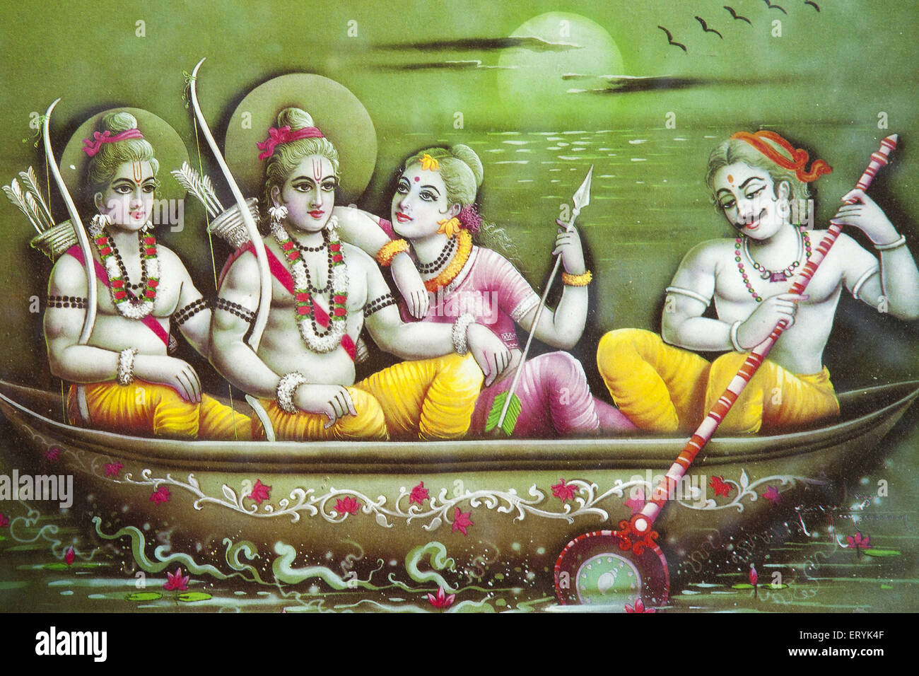 Gemälde von Lord Ram Laxman und Sita in Boot Indien Stockfoto