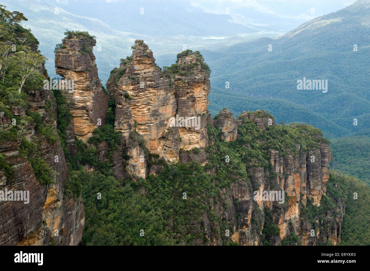 Three Sisters, Sandstein-Felsformation, Blue Mountains; Bergkette, New South Wales; Australien Stockfoto
