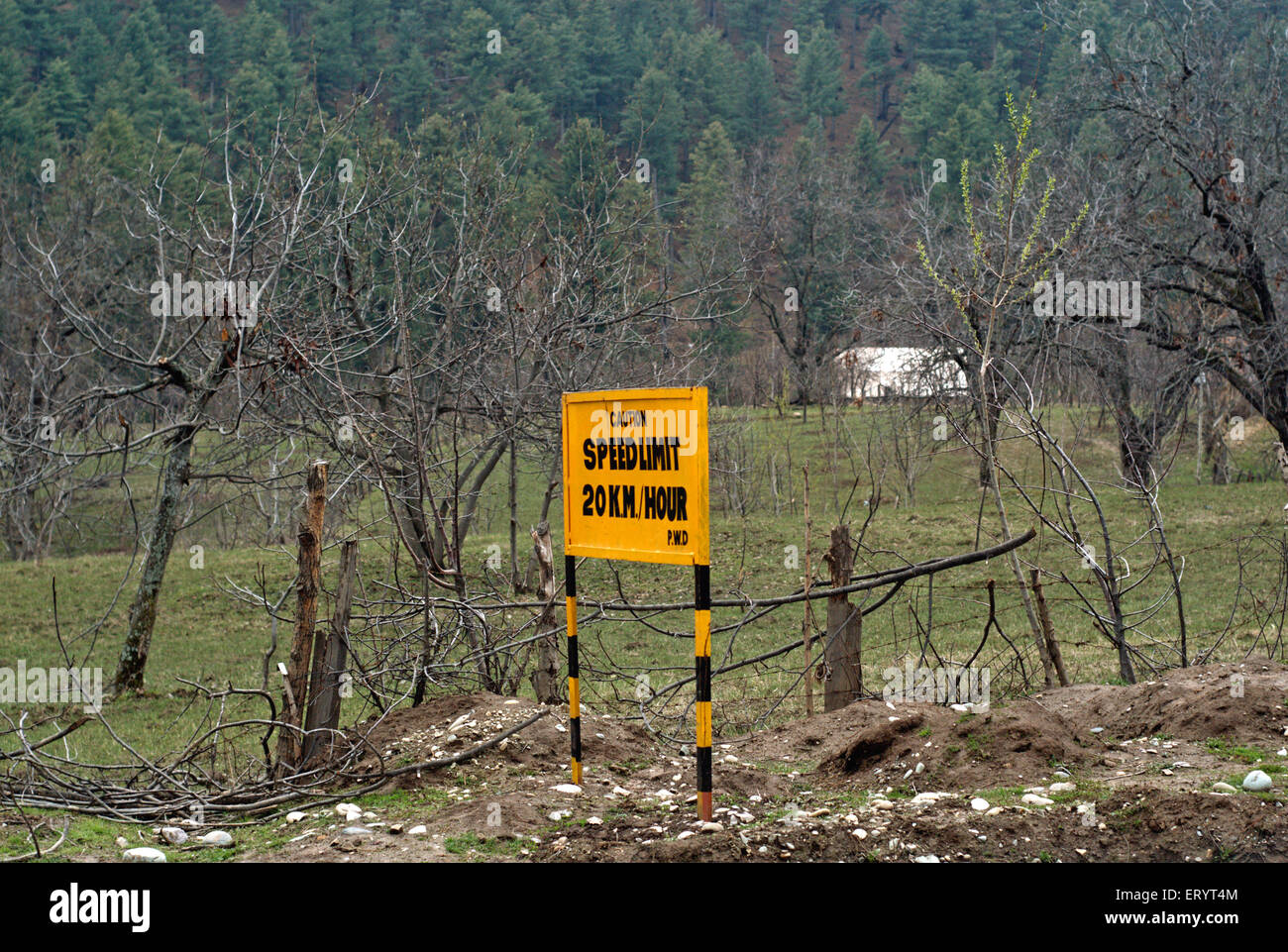 Schild für Geschwindigkeitsbegrenzung 20 KM , Jammu und Kashmir , Indien , Asien Stockfoto