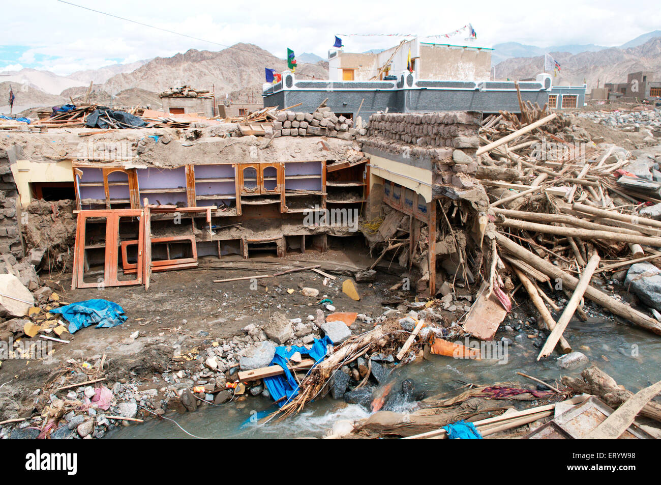 Zerstörte Häuser in Choglamsar nach Flashflood; Leh; Ladakh; Jammu und Kaschmir; Indien Stockfoto