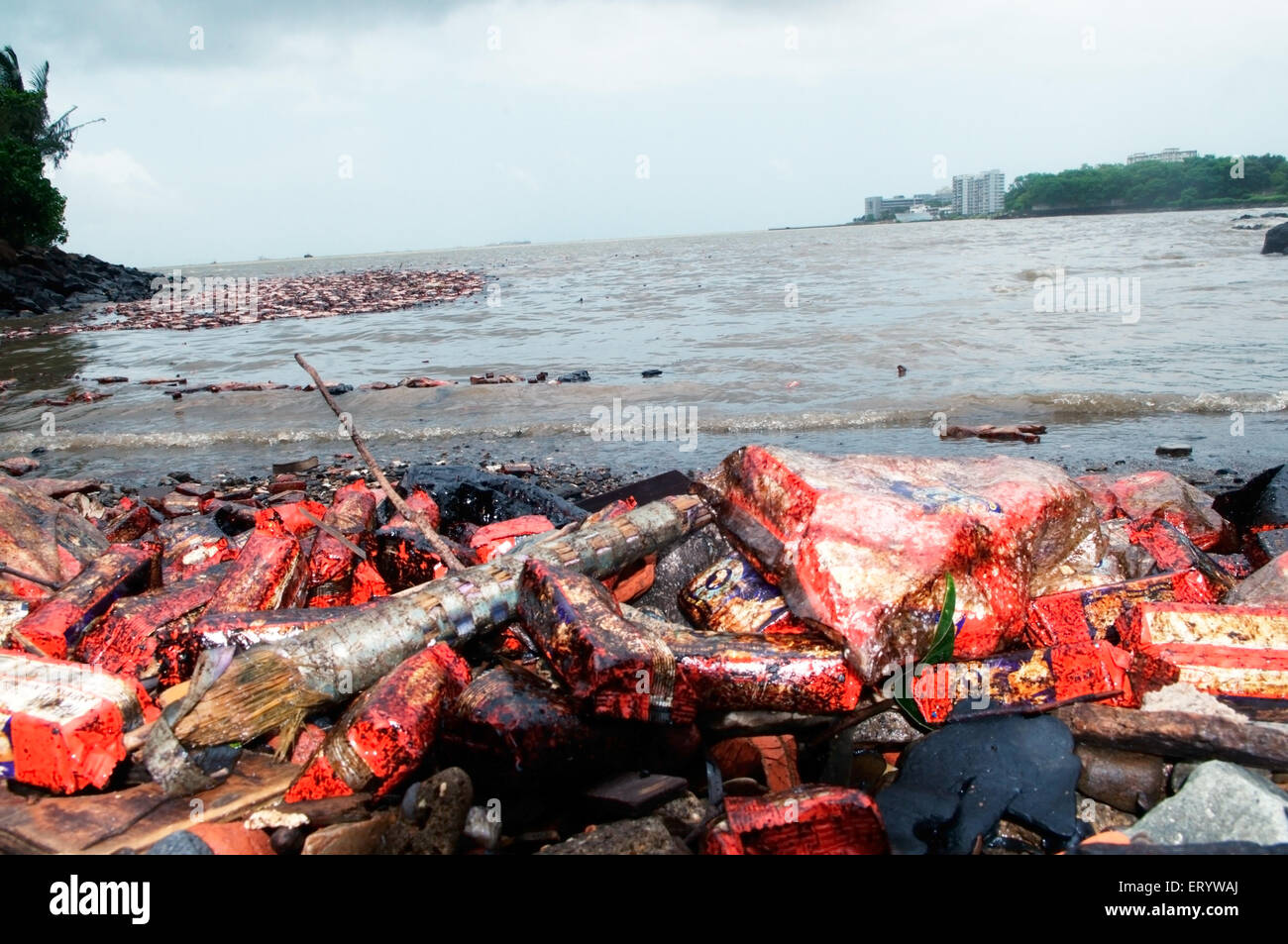 Öl getränkten Biskuit Pakete schweben durch Containerschiff Chitra kollidieren im Meer Bombay Mumbai; Maharashtra Stockfoto