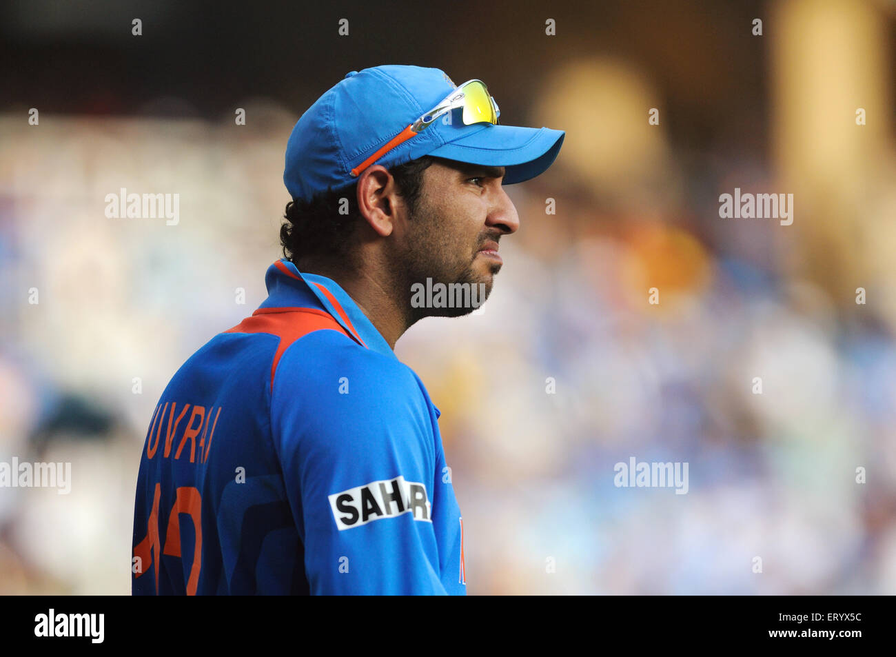 Yuvraj Singh Spieler reagiert ICC Cricket World Cup-Finale gegen Sri Lanka Wankhede Stadium Mumbai gespielt wird Stockfoto