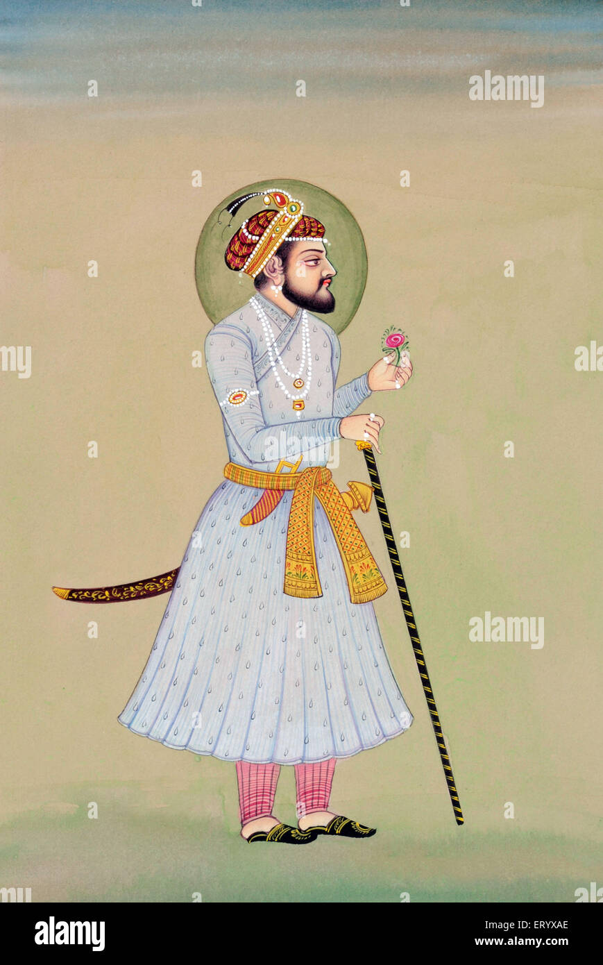 Miniaturbild des Moghul-Imperators Shah Jahan mit Schwert stieg Spazierstock Indien Asien Stockfoto