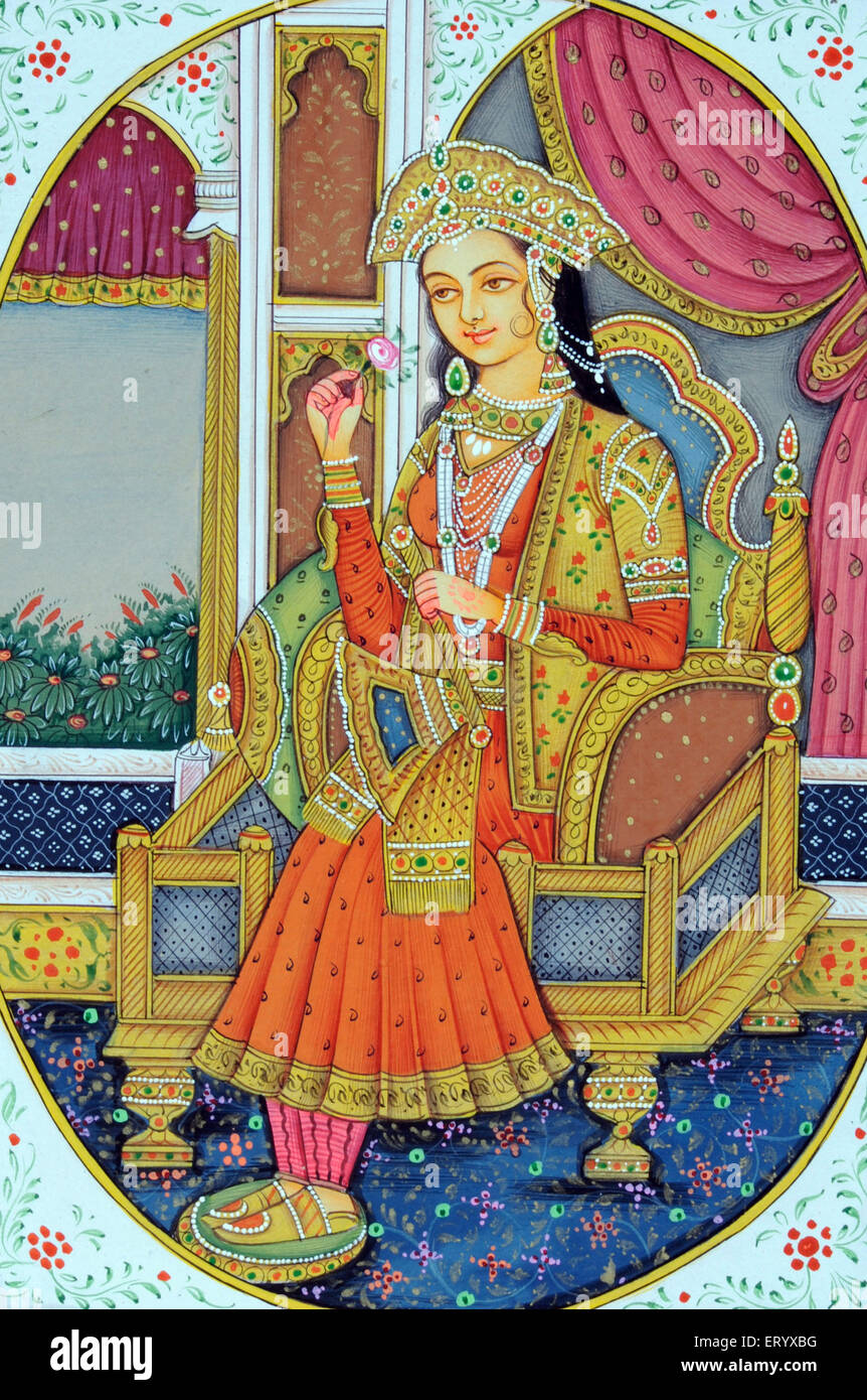 Miniatur-Gemälde von Mughal Königin Mumtaz Mahal sitzen auf ihrem Thron und riecht eine rosa Rose Blume; Indien; Asien Stockfoto