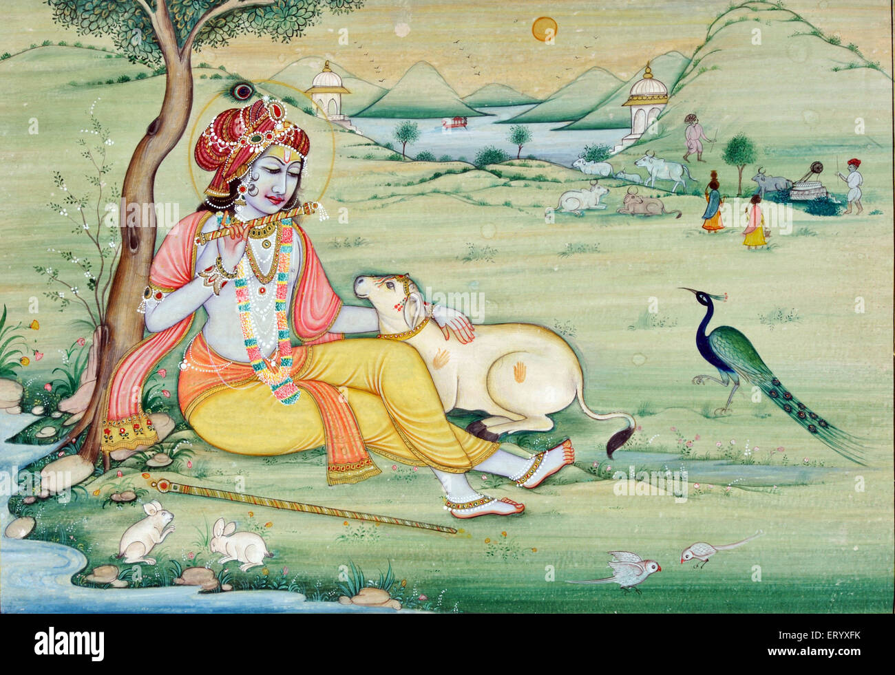 Miniaturmalerei Krishnas Flötenspiel Stockfoto