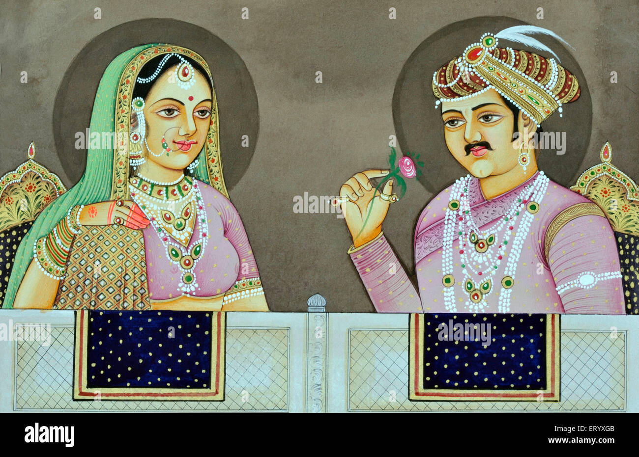 Jodha Akbar mit Bai Miniaturmalerei von Indien Stockfoto