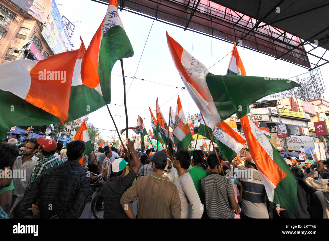 Indische Wahlen, TMC, indische politische Partei, ganz Indien Trinamool Kongress Banner, Wahlfahnen, Gariahat, Kalkutta, Kolkata, Indien, Asien Stockfoto