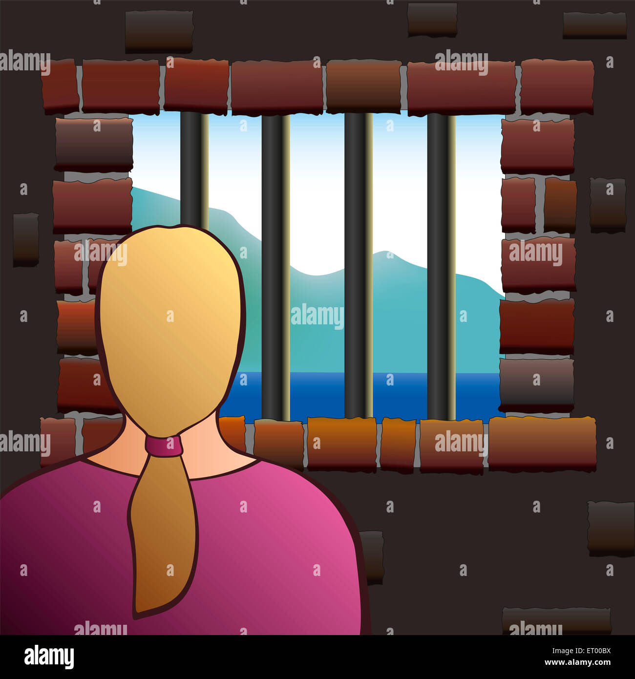 Eine enge Frau sucht aus dem vergitterten Fenster eines Gefängnisses. Stockfoto