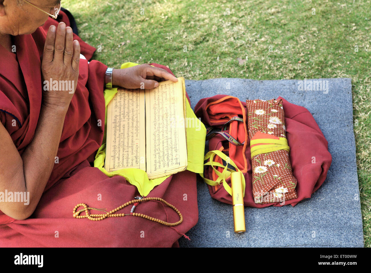 Buddhistischer Mönch, die heiligen Schriften zu lesen; Sanchi; Madhya Pradesh; Indien Stockfoto