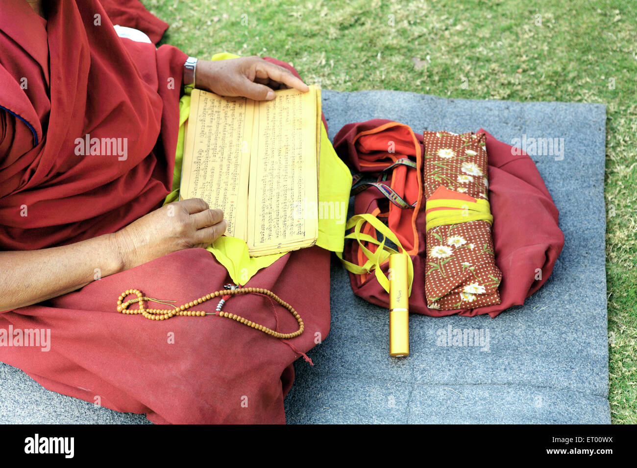 Buddhistischer Mönch, die heiligen Schriften zu lesen; Sanchi; Madhya Pradesh; Indien Stockfoto