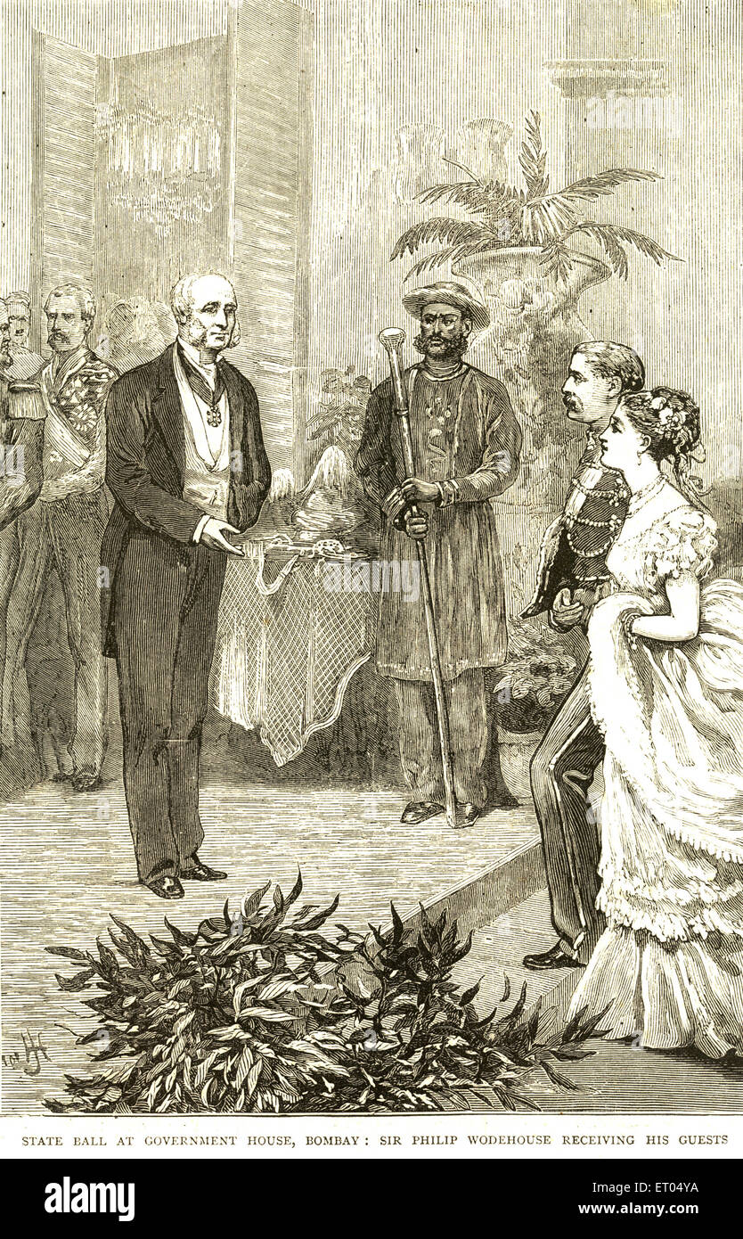 Staatliche Ball am Government House; Sir Philip Wodehouse seine Gäste empfangen; Bombay jetzt Mumbai; Maharashtra; Indien Stockfoto