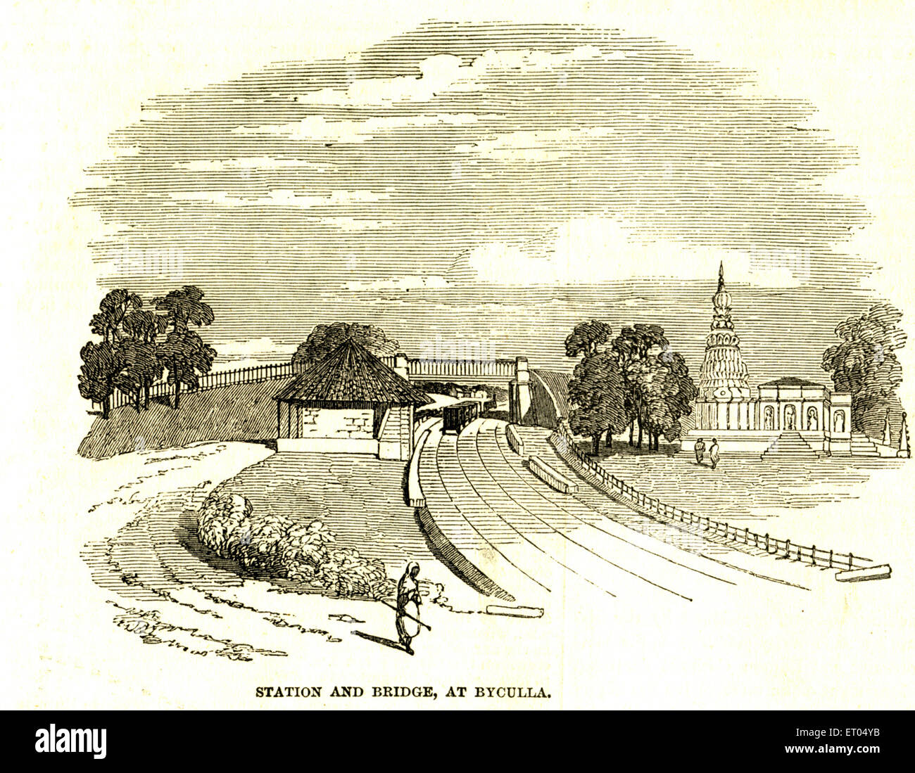 Alter Jahrgang 1900er Jahre: Lithograph des Bahnhofs Byculla; Bombay, Mumbai; Maharashtra; Indien; 4. Juni 1953 Stockfoto