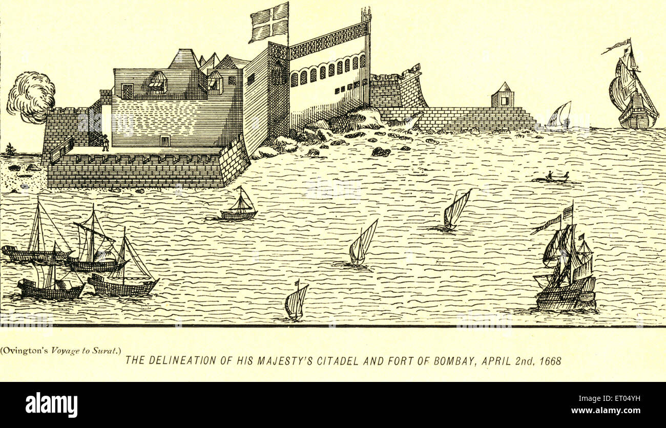 Zitadelle und Fort von Bombay jetzt Mumbai; Maharashtra; Indien; 2. April 1668, alter Jahrgang 1600s Lithographie, Stockfoto