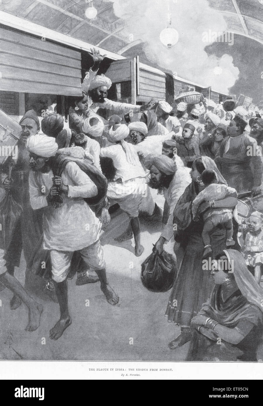Bombay Pestepidemie, Beulenpest Epidemie, die Pest Grippe Virus Epidemie Exodus Bombay Mumbai Maharashtra Indien Indianer alter Jahrgang 1800s Bild Stockfoto