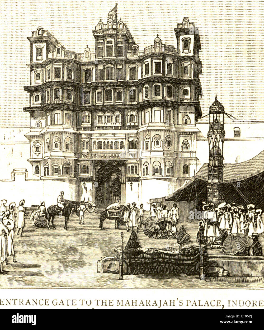 Rajwada Palast, Eingangstor zum Maharaja Palast, Grafik 24. Juli 1886, Indore, Uttar Pradesh, Indien, alter Jahrgang 1800s Stockfoto