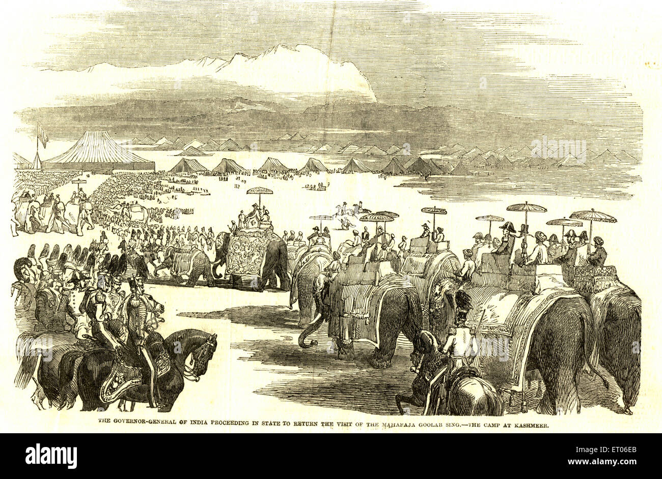 Generalgouverneur von Indien Verfahren im Zustand, um den Maharaja Goolab Singh zu besuchen; das Lager in Jammu & Kashmir, Indien, alter Jahrgang 1800s Stockfoto