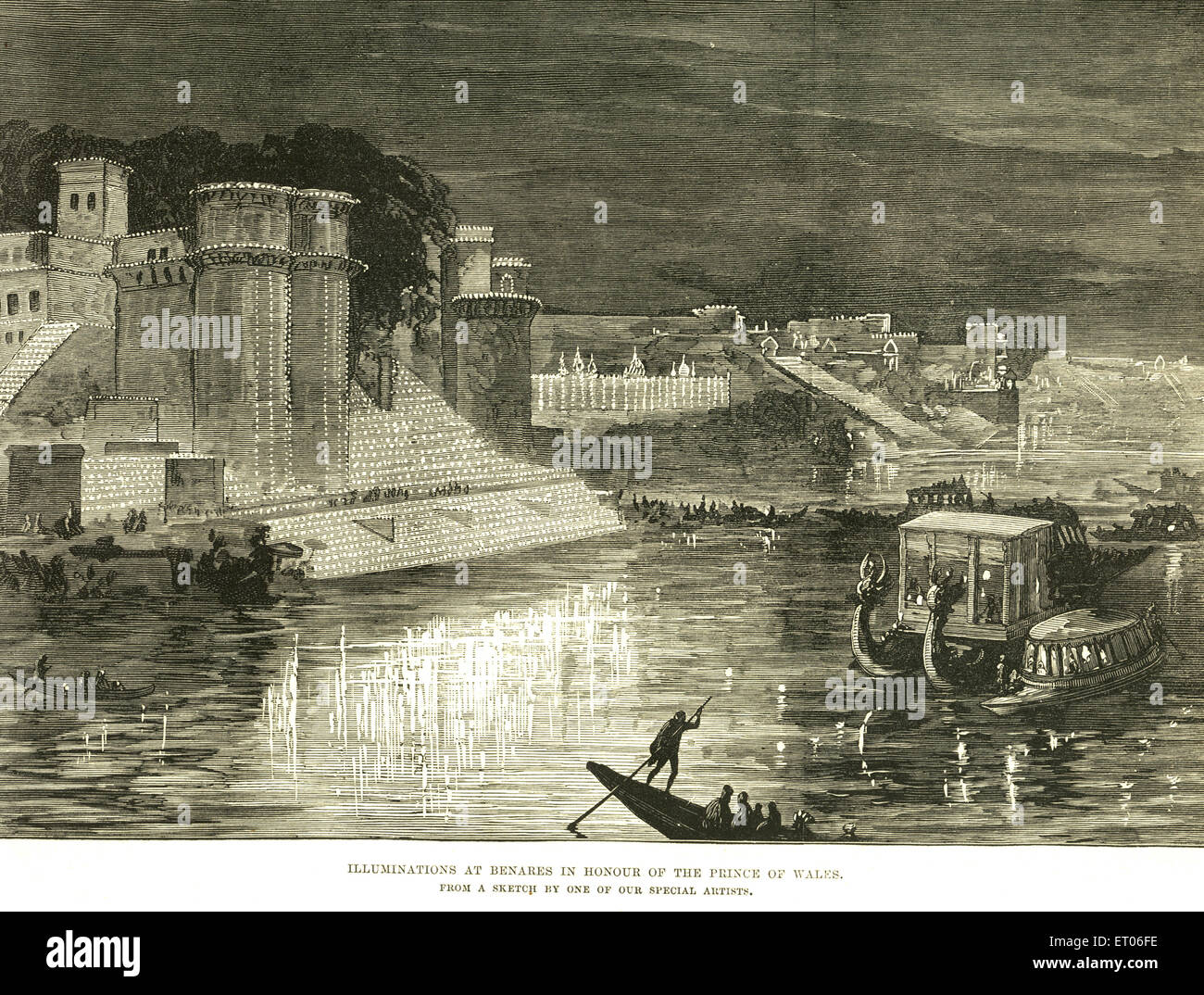 Illuminationen bei Benares Ghats, Varanasi zu Ehren des Prinzen von Wales; Uttar Pradesh; Indien, alter Jahrgangs1800 Stockfoto