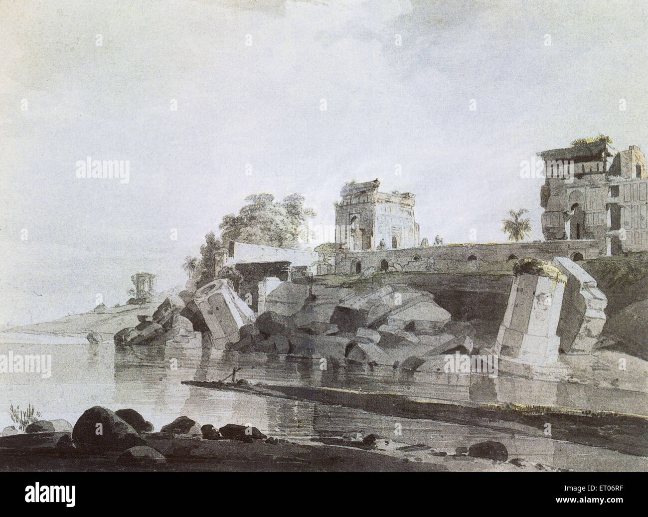 Ruinen von Ganga River Ganges, Rajmahal, Bihar, Jharkhand, Indien, alter Jahrgang 1700s Aquarell Gemälde von Thomas Daniell, 1749-1840 Stockfoto Ruinen von Ganga River Ganges, Rajmahal, Bihar, Jharkhand, Indien, alter Jahrgang 1700s Aquarell Gemälde von Thomas Daniell, 1749-1840 Stockfoto