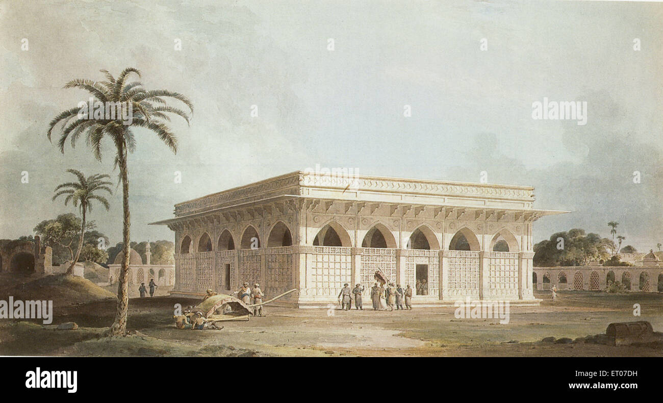 Chausath Khamba, Chaussath Khamba, 64 Säulen, Mausoleum, Nizamuddin, Delhi, Indien, Vintage 1700s Aquarell Gemälde von William Daniell, 1769-1837 Stockfoto