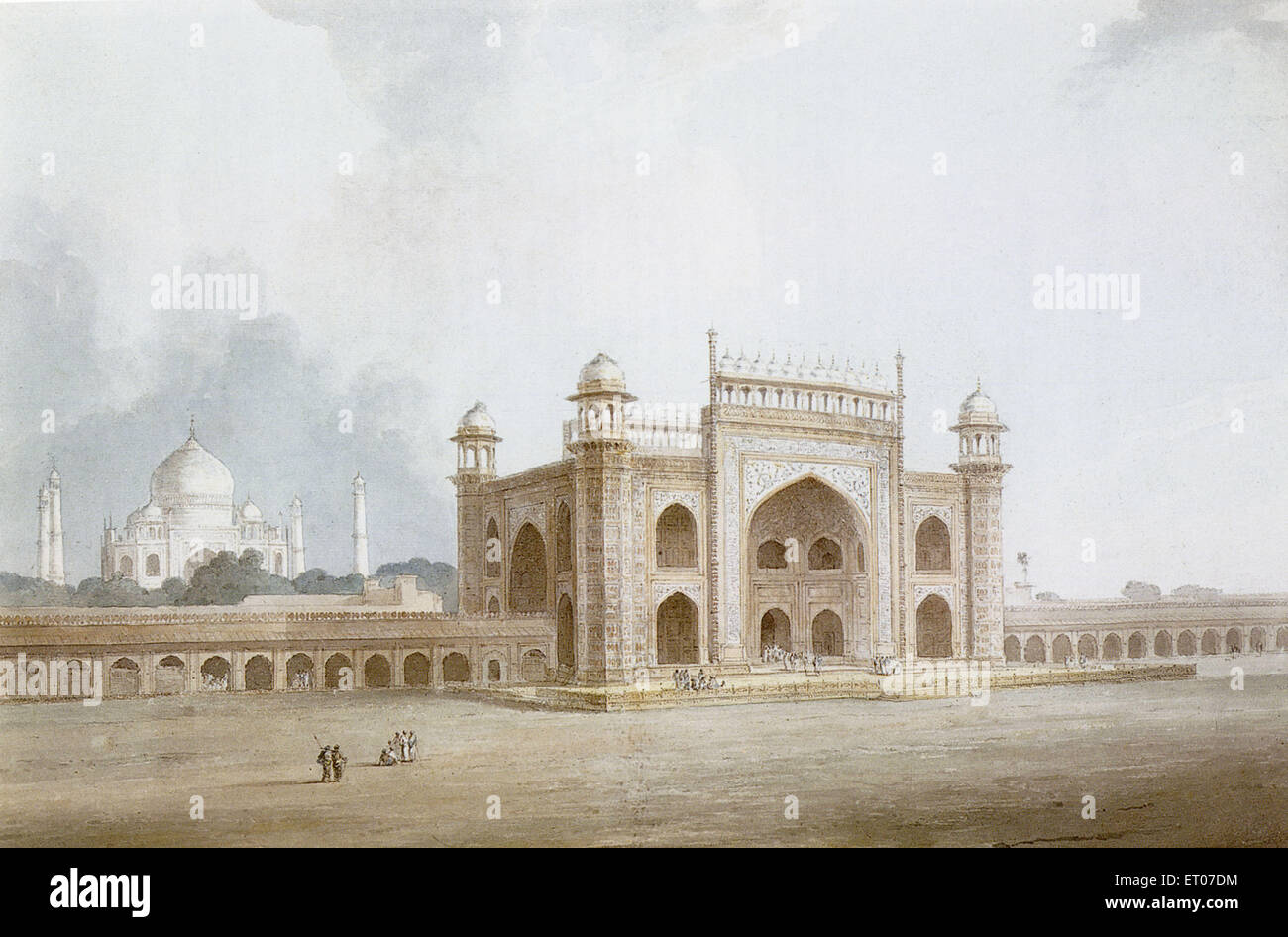 Tor von Taj Mahal, Agra, Uttar Pradesh, Indien, alter Jahrgang 1700s Aquarell Gemälde von William Daniell, 1769-1837, Stockfoto