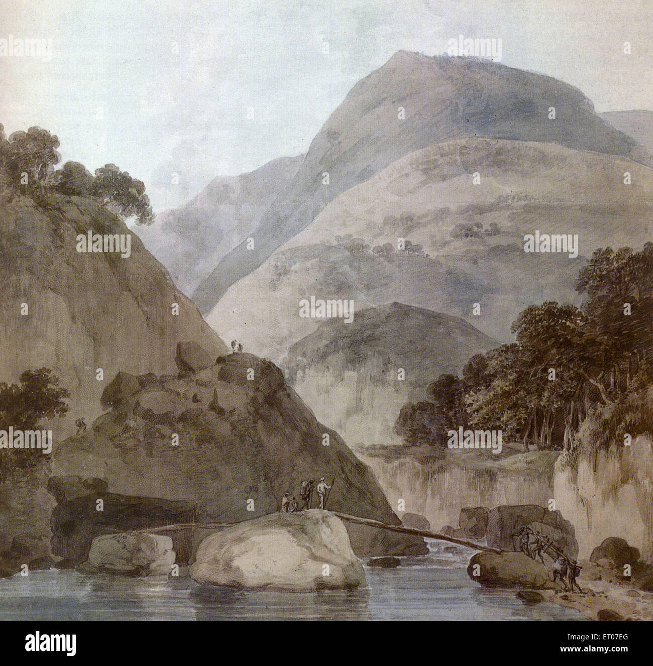 Khoh River, Kotdwar, Srinagar, Garhwal, Uttar Pradesh, Uttaranchal, Uttarakhand, Indien, von Thomas Daniell, Ölgemälde auf Leinwand, Britisch, 1749–1840 Stockfoto