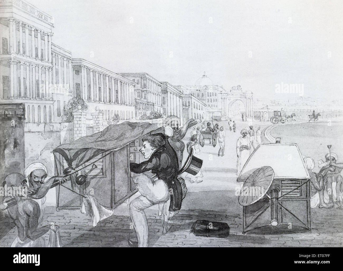 Unerfahrener Palanquin-Reiter, Tom Raw, der Palanquin auf Esplanade, Kalkutta, Kalkutta, Westbengalen, Indien, Asien anheuerte von Sir Charles D'Oyly, 1781- 1845 Stockfoto