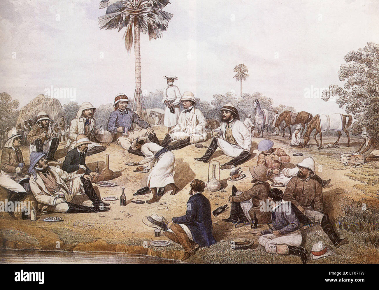 Alte Vintage 1800er Gemälde, britische Soldaten trinken und entspannen vor Boar Hunt, Indien Stockfoto