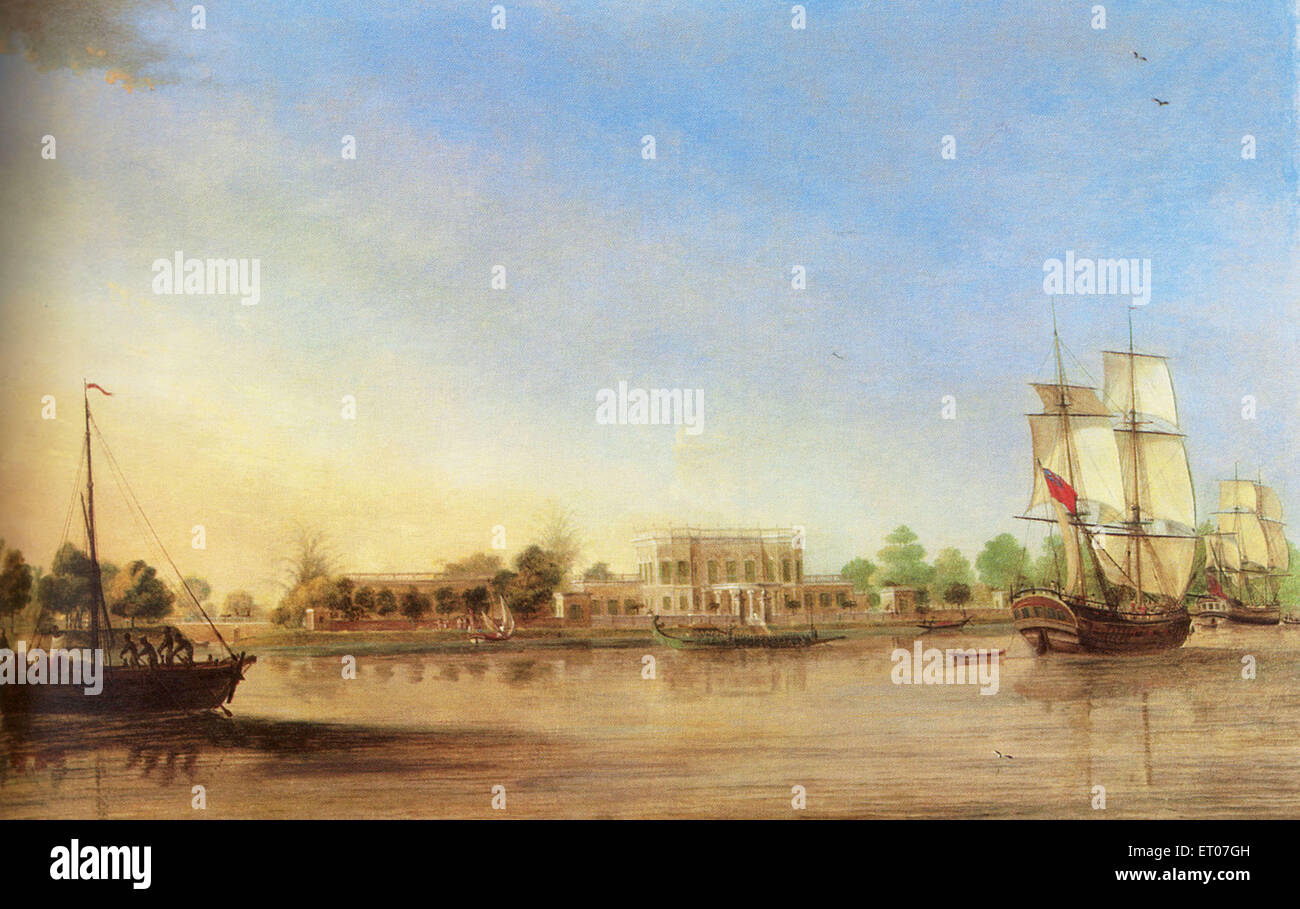 Segelschiff, William Farquharson Esq., Wohnsitz in Garden Reach auf Hooghly River, Kalkutta, Kalkutta, West Bengal, Indien von François Balthazar Solvyns Stockfoto