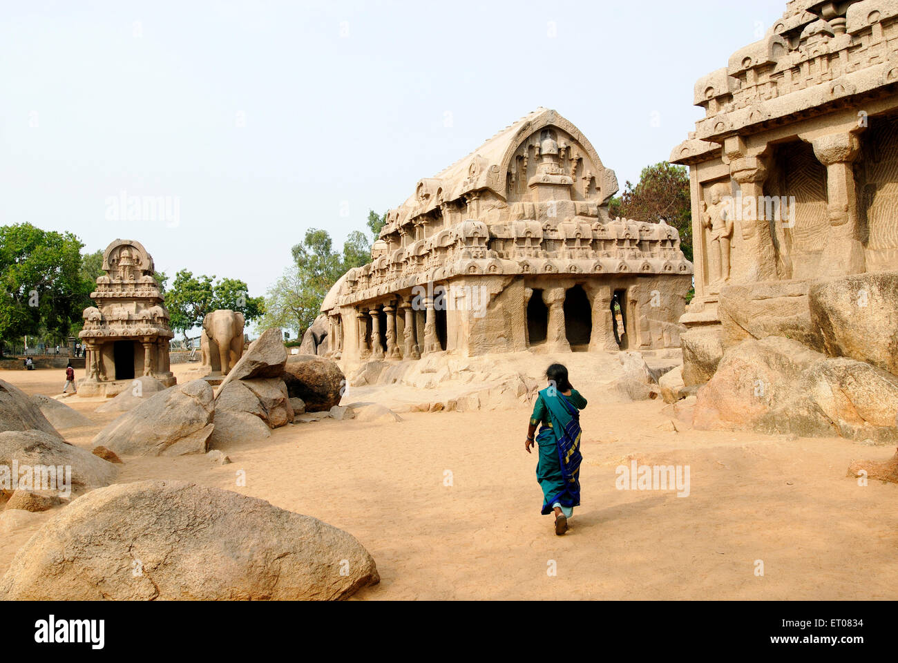 Fünf Rathas Pancha Rathas Tempel im 7. Jahrhundert gegründet; Mahabalipuram Mamallapuram; Tamil Nadu; Indien Stockfoto