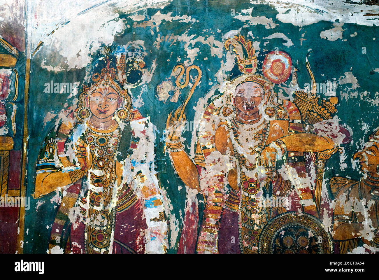 17. Jahrhundert Wandbilder an die Wand im Varadaraja Perumal Vishnu-Tempel in Kanchipuram; Tamil Nadu; Indien Stockfoto