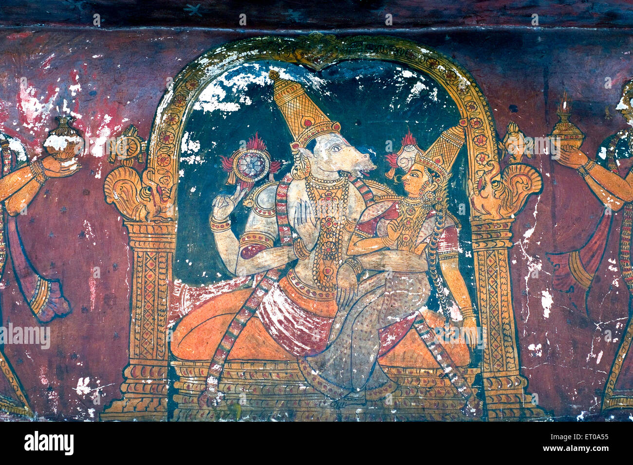 17. Jahrhundert Wandbilder an die Wand im Varadaraja Perumal Vishnu-Tempel in Kanchipuram; Tamil Nadu; Indien Stockfoto
