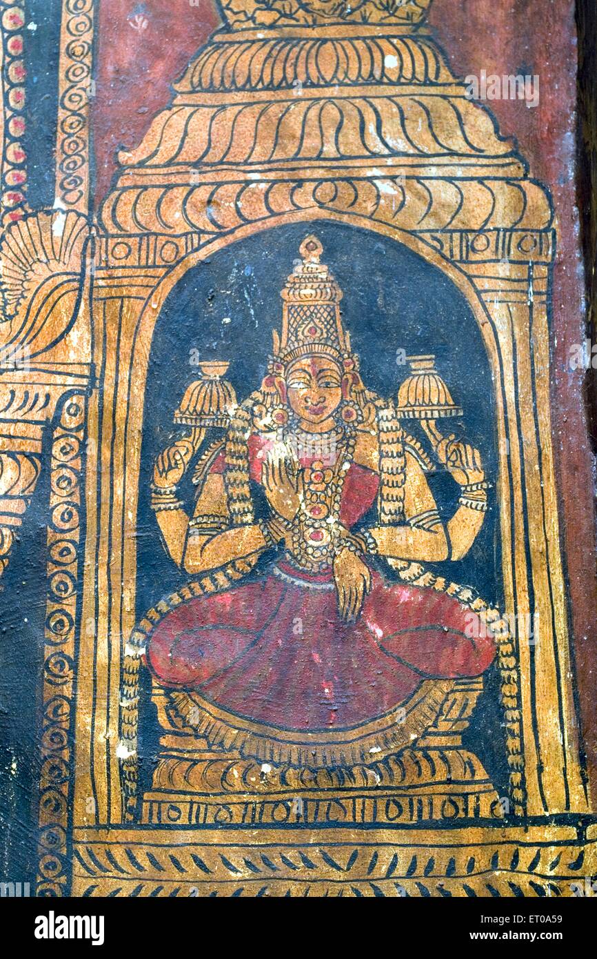 17. Jahrhundert Wandbilder an die Wand im Varadaraja Perumal Vishnu-Tempel in Kanchipuram; Tamil Nadu; Indien Stockfoto