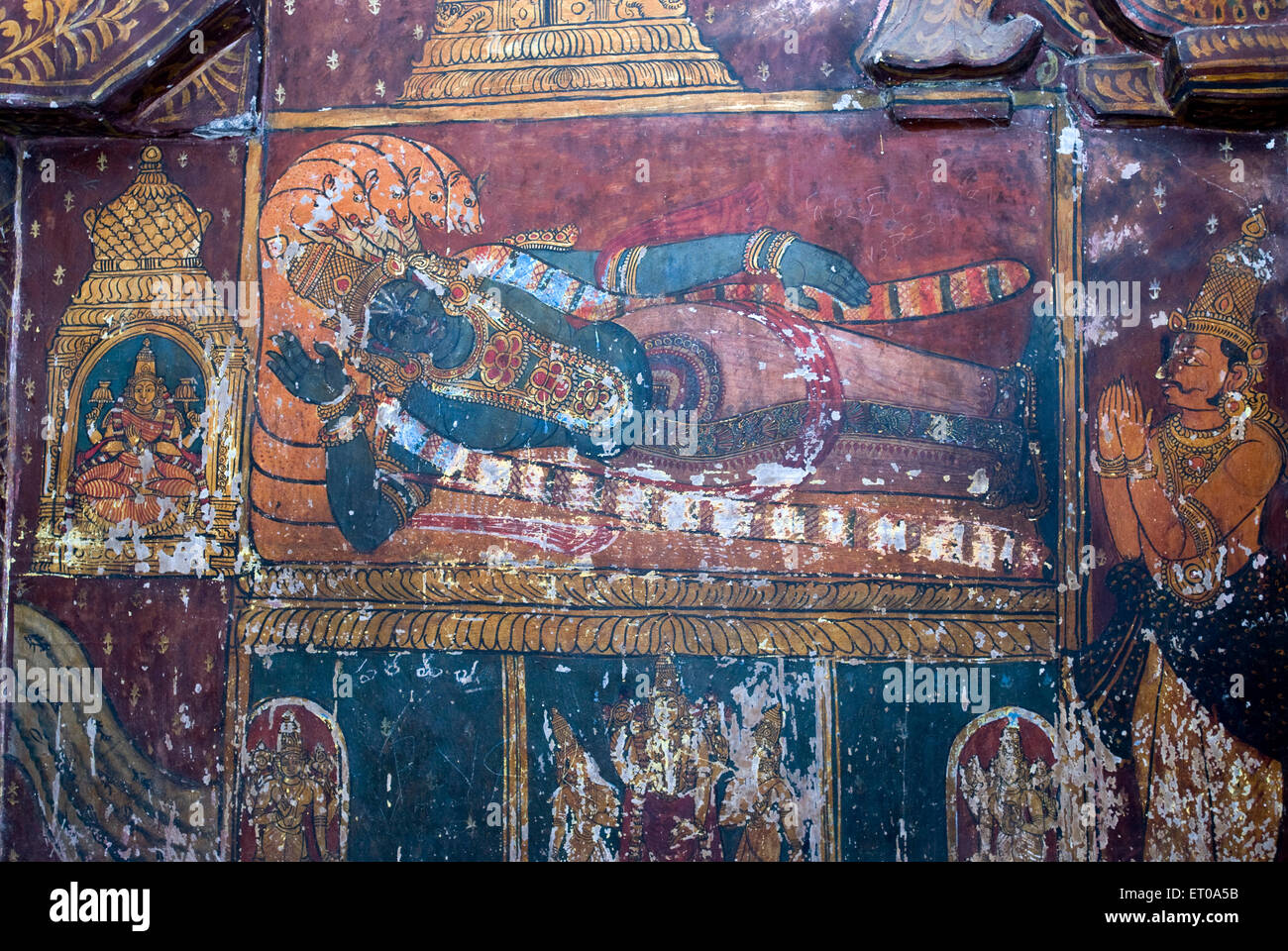 17. Jahrhundert Wandbilder an die Wand im Varadaraja Perumal Vishnu-Tempel in Kanchipuram; Tamil Nadu; Indien Stockfoto