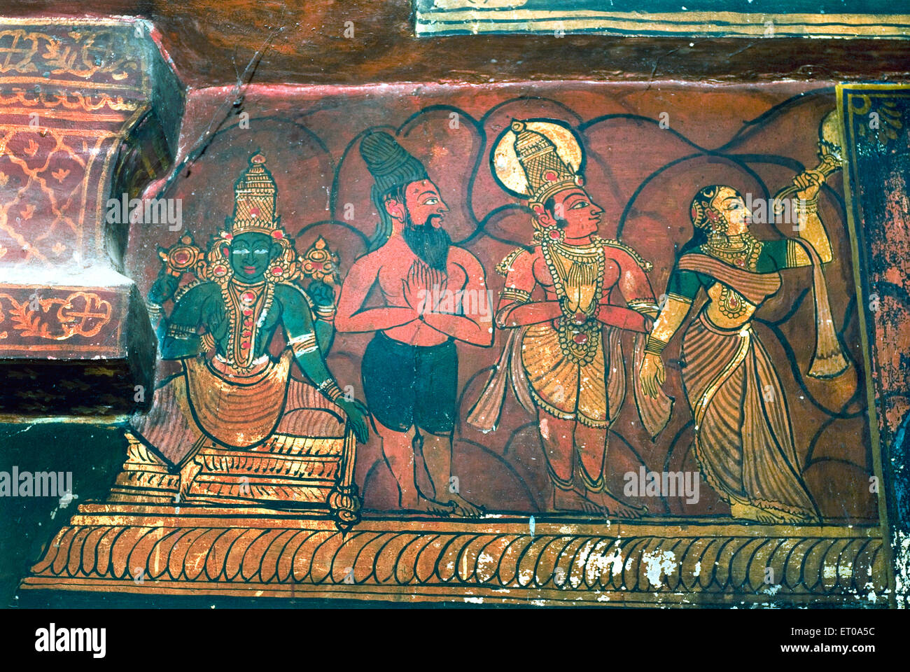 17. Jahrhundert Wandbilder an die Wand im Varadaraja Perumal Vishnu-Tempel in Kanchipuram; Tamil Nadu; Indien Stockfoto