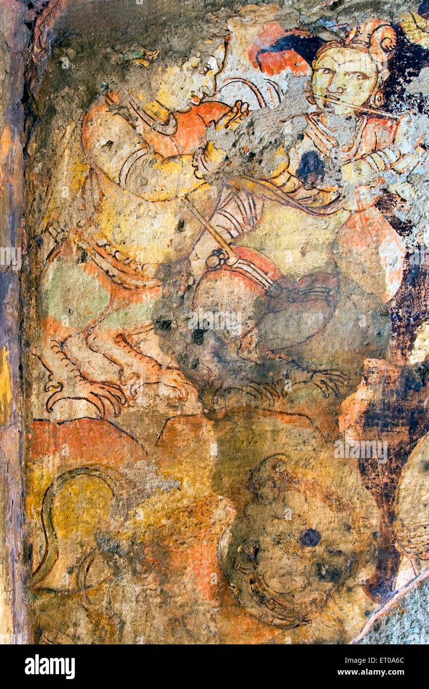 Kinnaras Fresko; Hinduistische Mythologie; paradigmatische Liebhaber; himmlischen Musiker; Kailasanatha-Tempel; Kanchipuram; Tamil Nadu Stockfoto