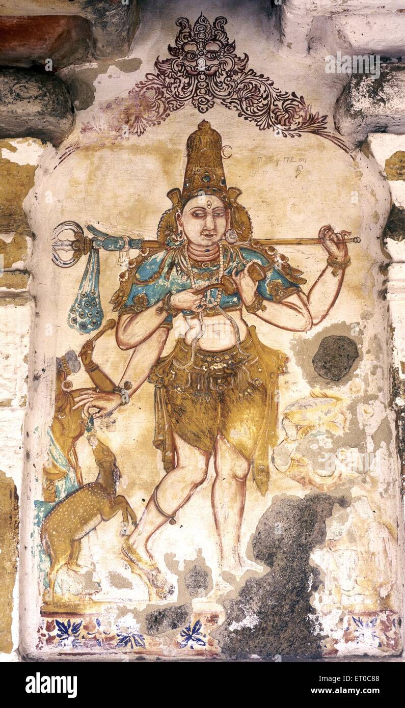 Gangala Murthy eines vierundsechzig Formen von Herrn Shiva siebzehnten Jahrhundert Wandgemälde im Vedapureeswarar Tempel in Vedaranyam Stockfoto