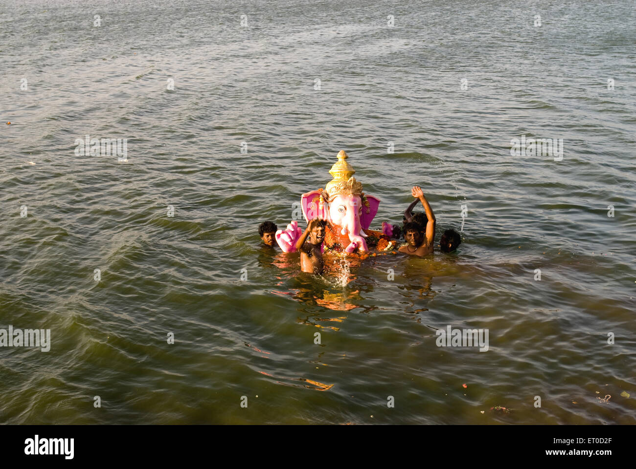 Menschen eingetaucht Idol von Lord Ganesh in Teich; Muthannankulam; Coimbatore; Tamil Nadu; Indien 2009 Stockfoto