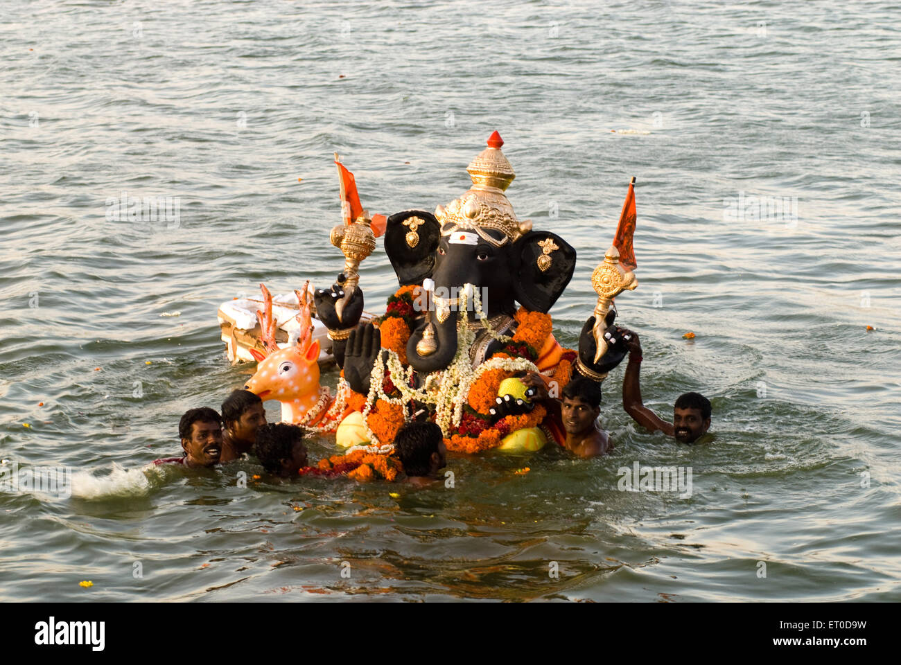 Menschen, die Idol von Lord Ganesh mitten im Teich auf Ganpati Festival; Muthannankulam; Coimbatore; Tamil Nadu Stockfoto