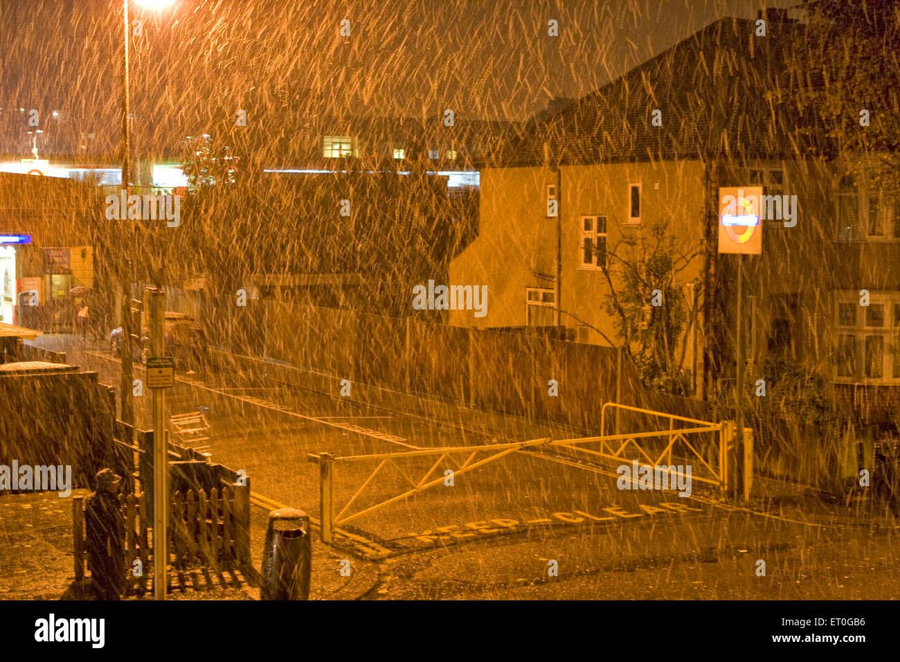 Schneefall bei Nacht , Northwick Park , Harrow , London , England , Großbritannien , Vereinigtes Königreich Stockfoto